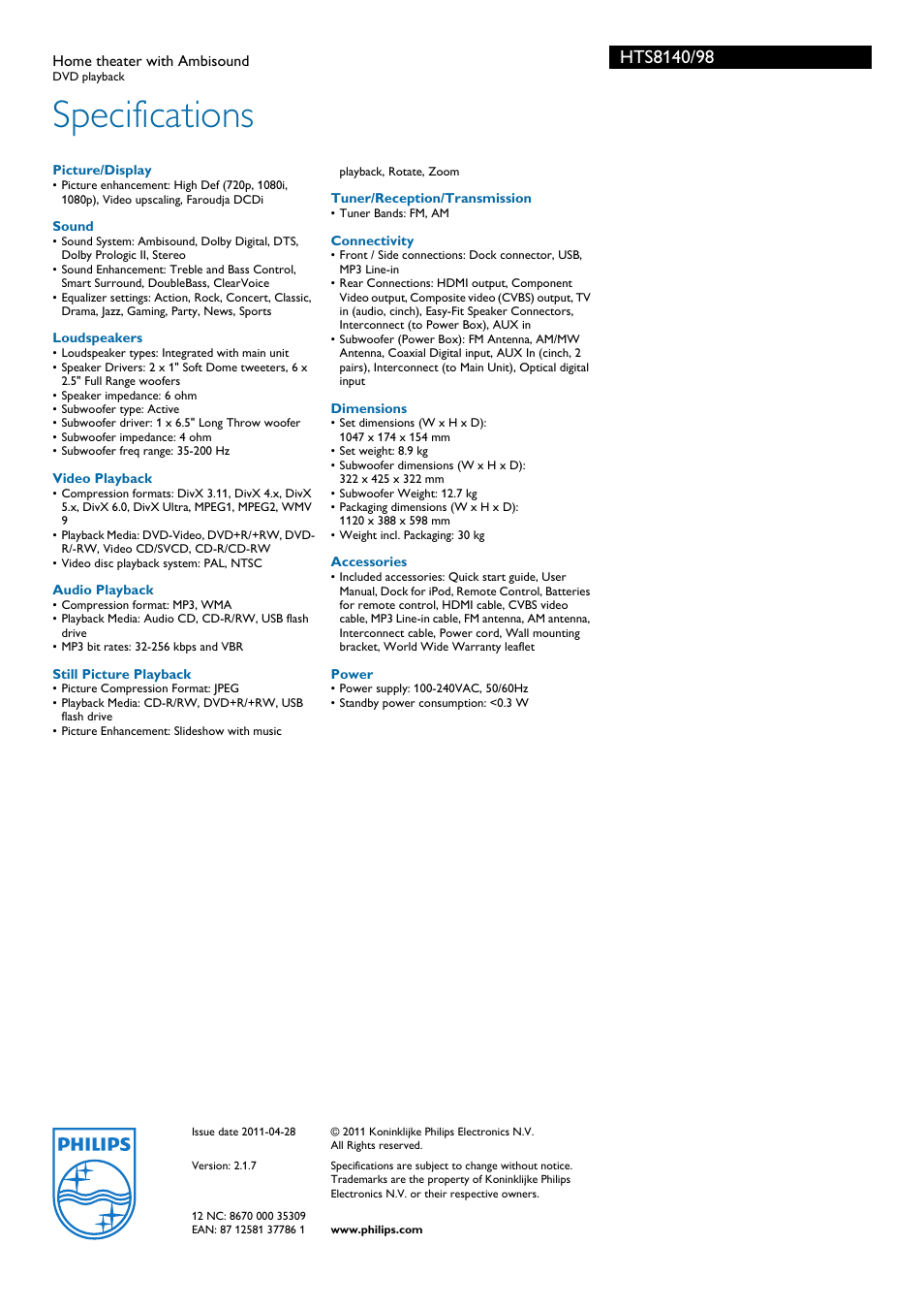 Specifications | Philips HTS8140/98 User Manual | Page 3 / 3