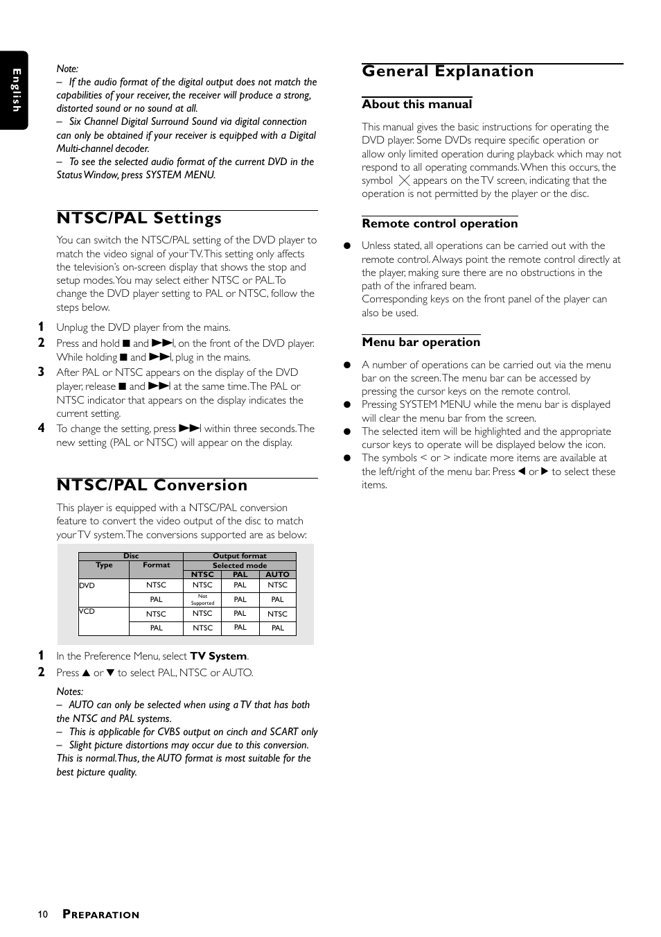 Ntsc/pal settings, Ntsc/pal conversion, General explanation | About this manual, Remote control operation, Menu bar operation | Philips DVD712/G51 User Manual | Page 10 / 22