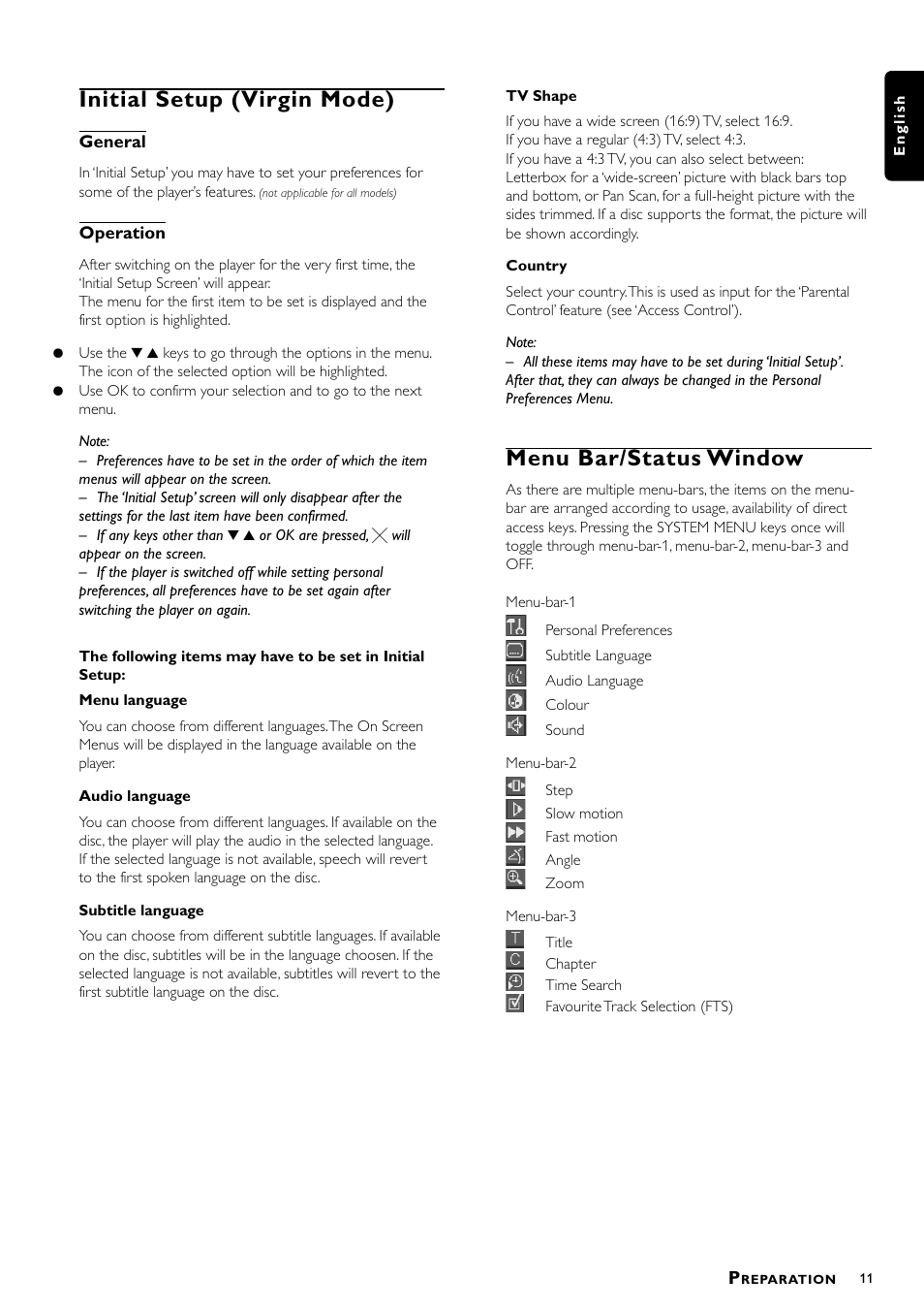 Initial setup (virgin mode), Menu bar/status window | Philips DVD712/G51 User Manual | Page 11 / 22