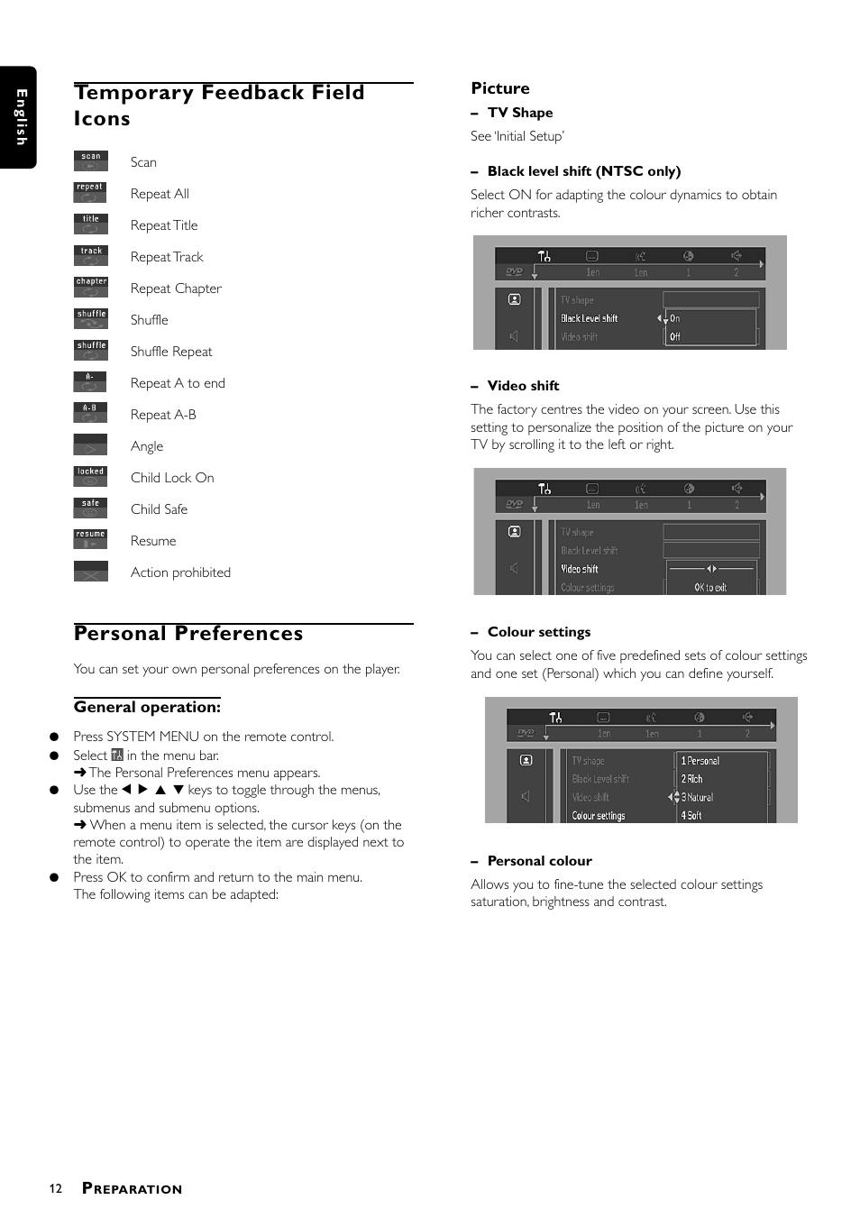 Temporary feedback field icons, Personal preferences | Philips DVD712/G51 User Manual | Page 12 / 22