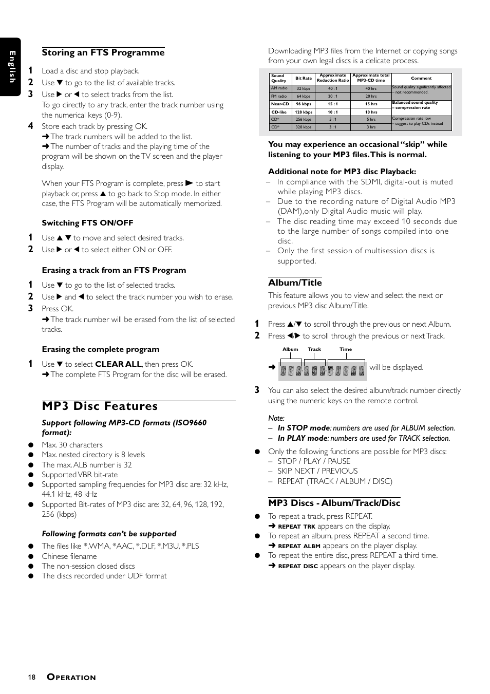 Mp3 disc features, Storing an fts programme, Album/title | Mp3 discs - album/track/disc | Philips DVD712/G51 User Manual | Page 18 / 22