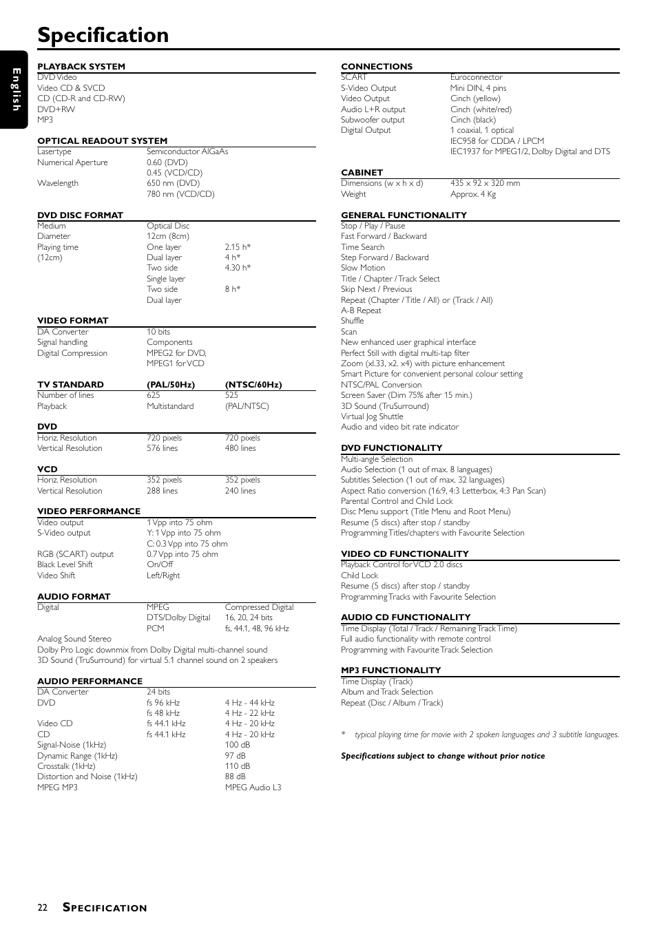 Specification, English | Philips DVD712/G51 User Manual | Page 22 / 22