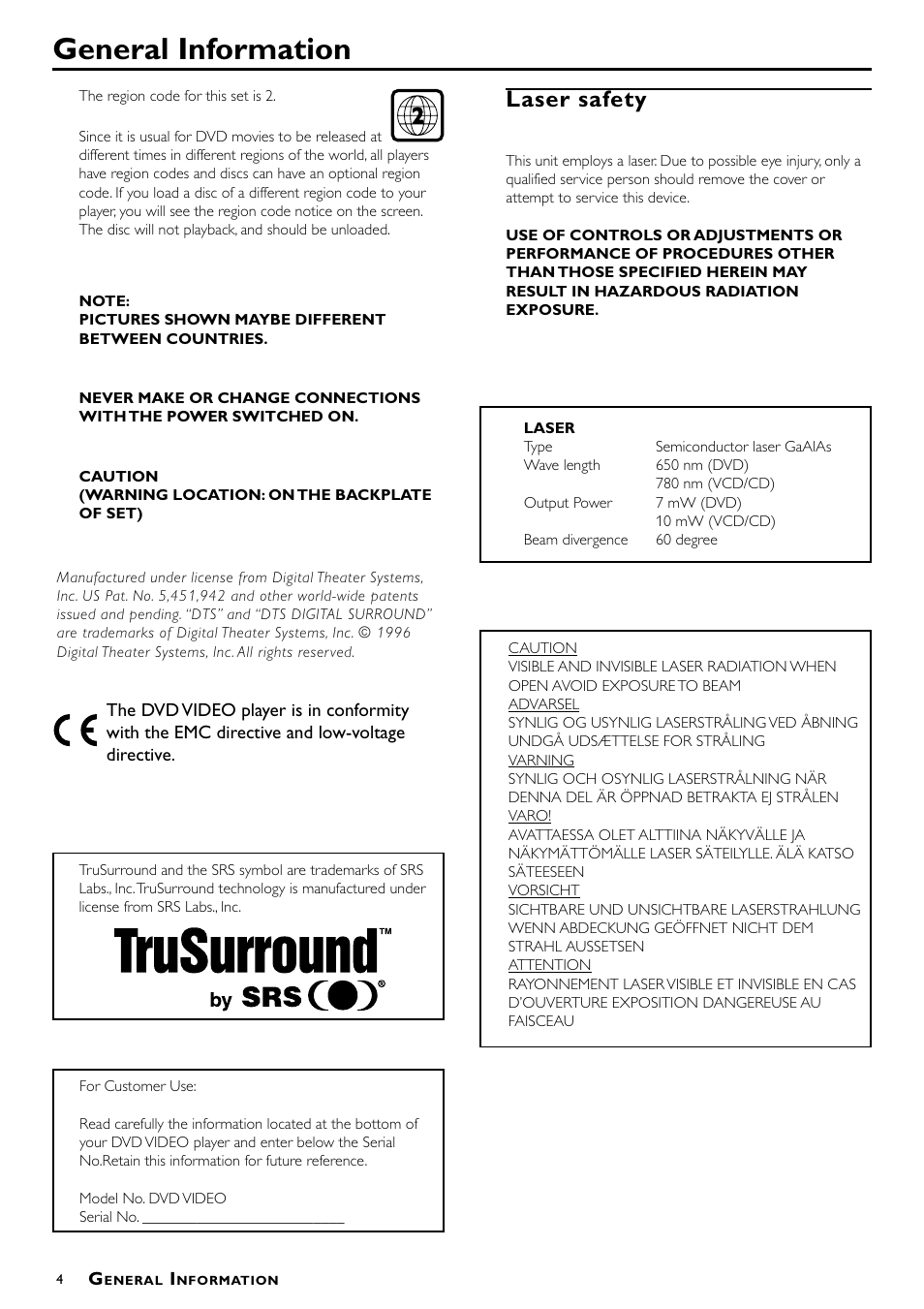 General information, Laser safety | Philips DVD712/G51 User Manual | Page 4 / 22