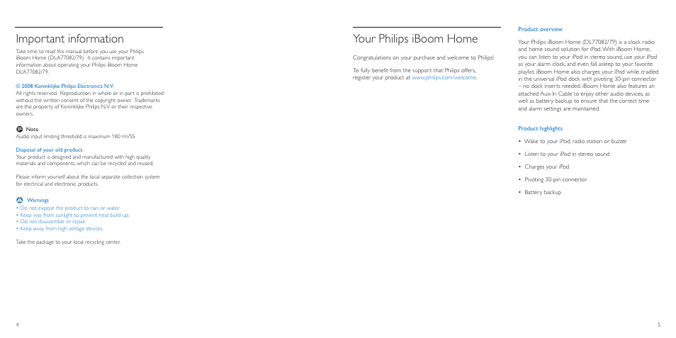 Important information, Your philips iboom home | Philips DLA77082/79 User Manual | Page 3 / 9