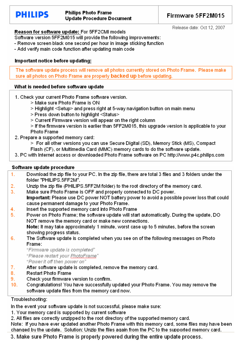 Philips PHOTO FRAME 5FF2M015 User Manual | 1 page