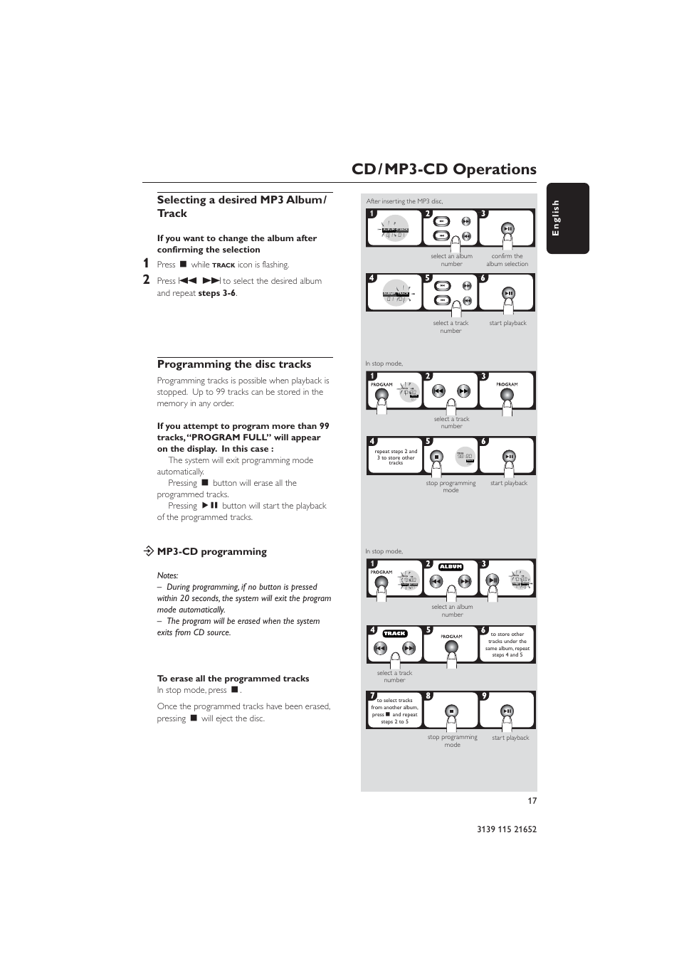 Cd / mp3-cd operations, Selecting a desired mp3 album / track, Programming the disc tracks | Ö mp3-cd programming | Philips MZ1100 User Manual | Page 17 / 24