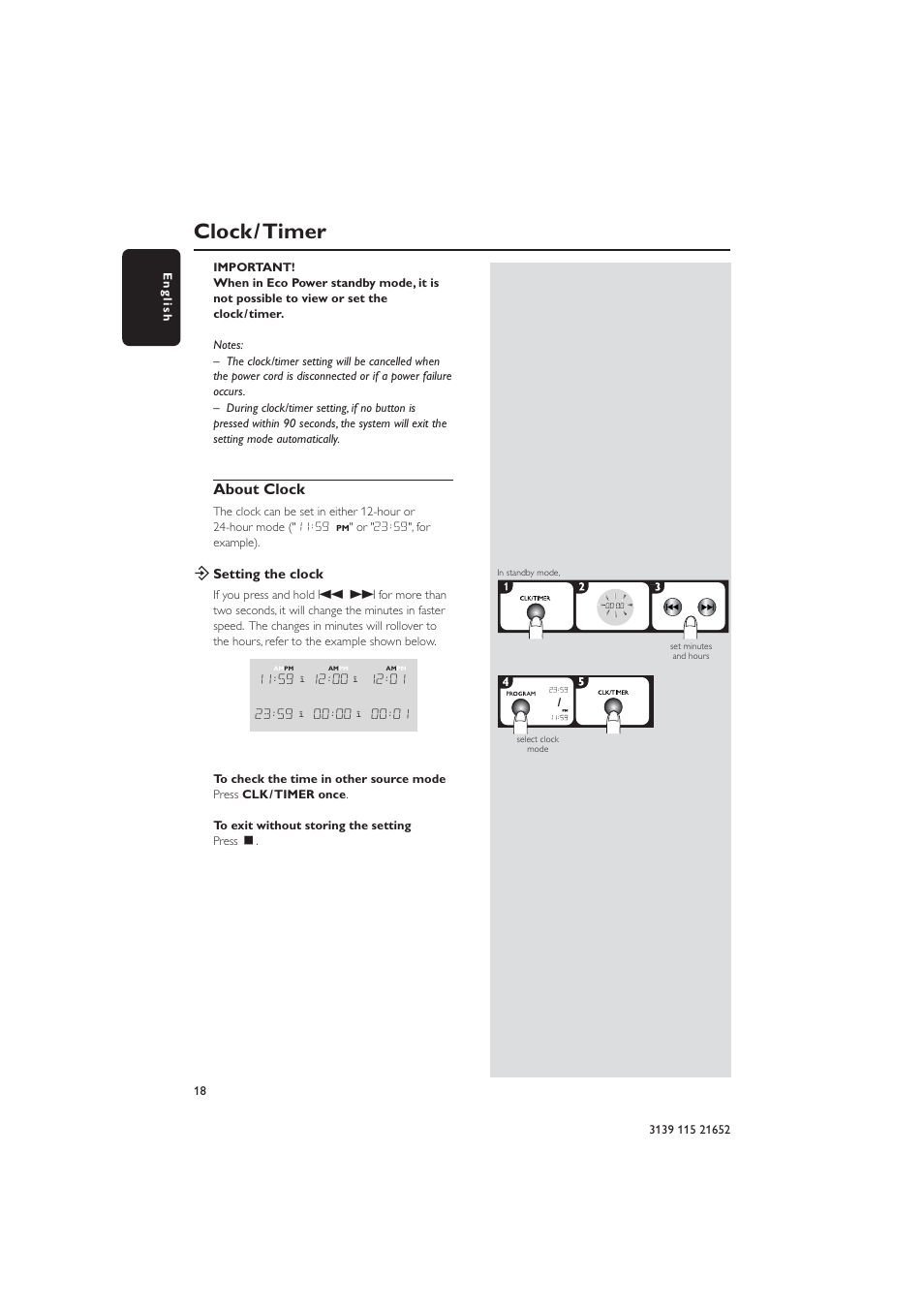 Clock / timer, About clock | Philips MZ1100 User Manual | Page 18 / 24