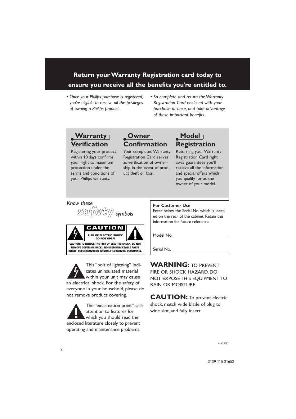 Safety, Warranty verification, Owner confirmation | Model registration, Warning, Caution | Philips MZ1100 User Manual | Page 2 / 24