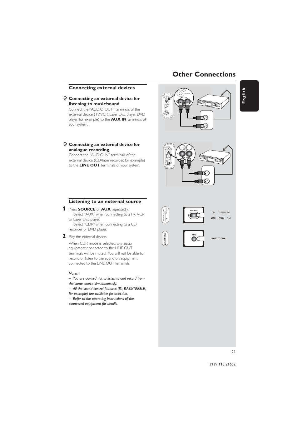 Other connections, Connecting external devices, Listening to an external source | Philips MZ1100 User Manual | Page 21 / 24