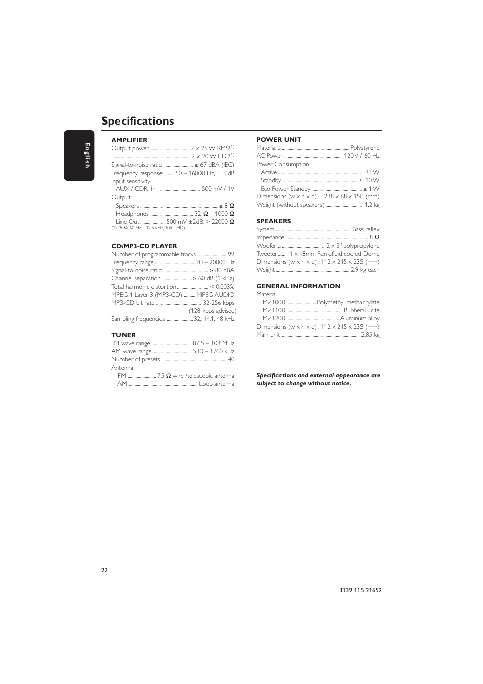 Specifications | Philips MZ1100 User Manual | Page 22 / 24