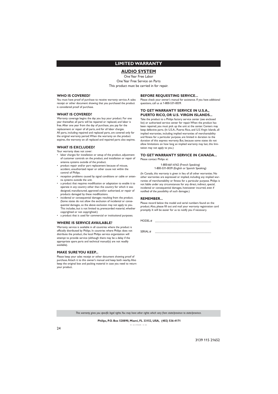 Audio system, Limited warranty | Philips MZ1100 User Manual | Page 24 / 24