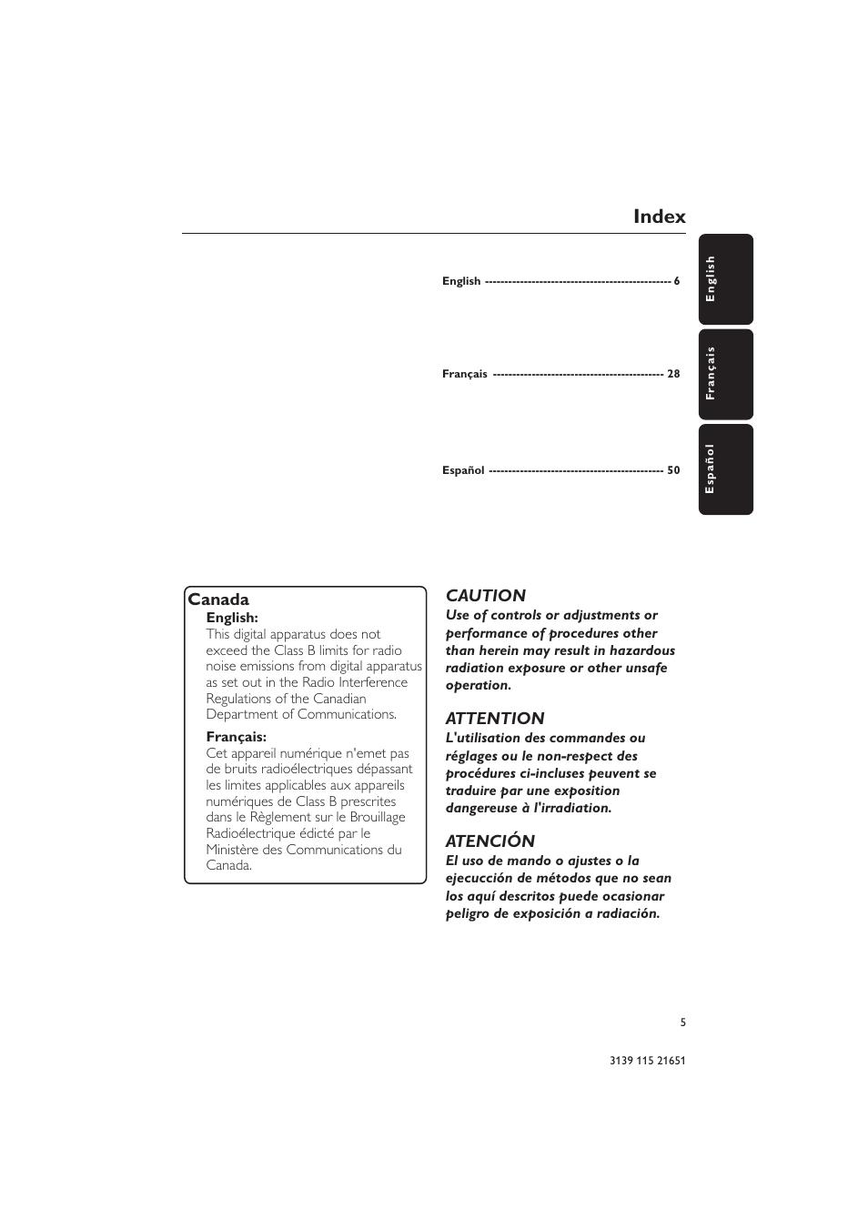 Index, Canada, Caution | Attention, Atención | Philips MZ1100 User Manual | Page 5 / 24