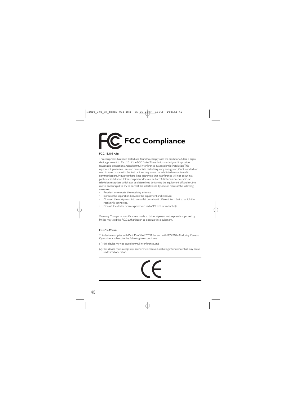 Fcc compliance | Philips SJ/T11363 User Manual | Page 40 / 44