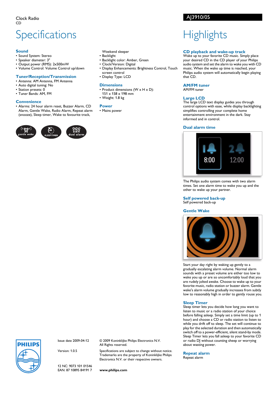 Specifications, Highlights | Philips AJ3910/05 User Manual | Page 2 / 2