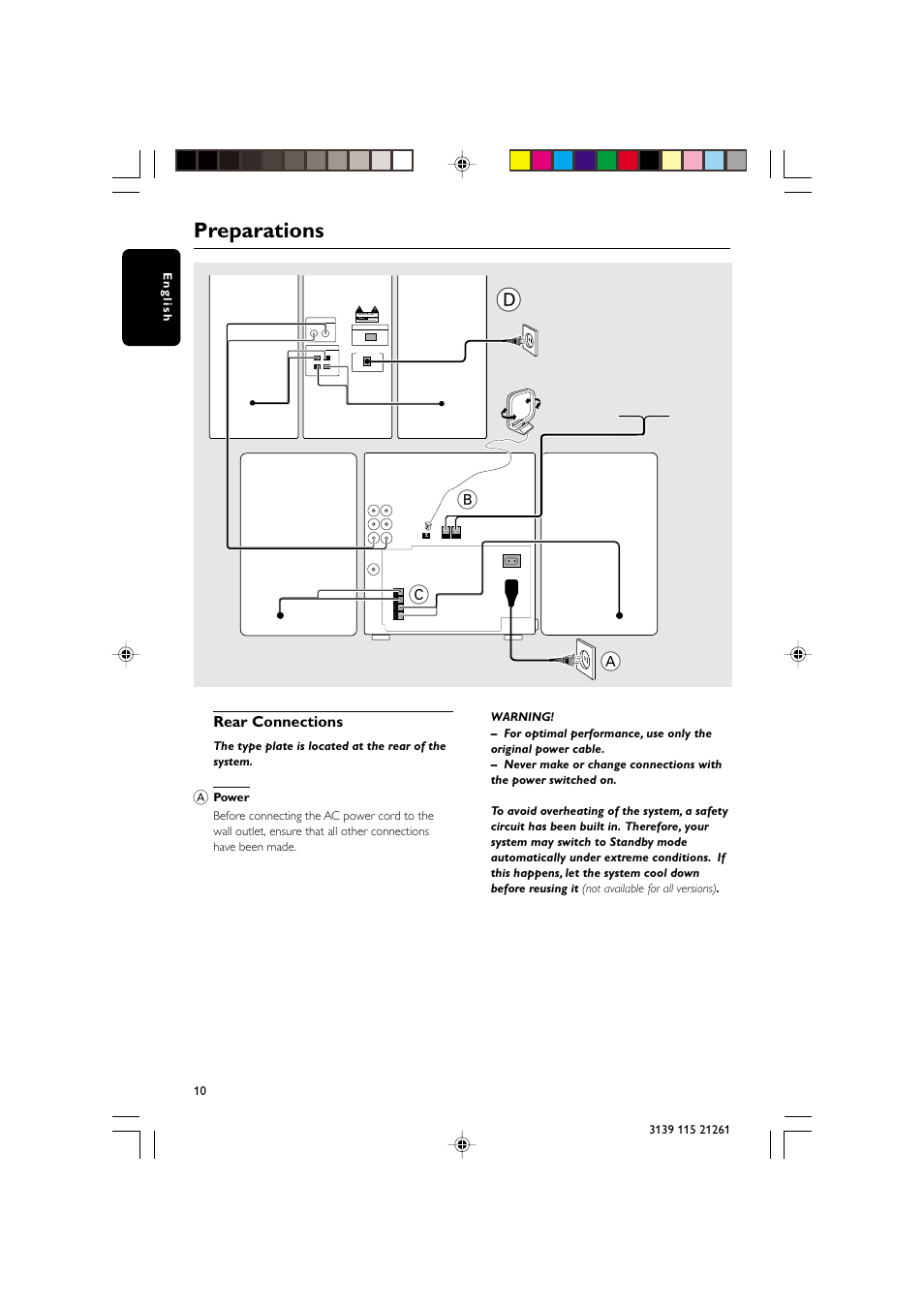 Preparations, Ab c, Rear connections | Speaker (right) speaker (left), Ac power cord fm wire antenna am loop antenna, Booster speaker (left) booster speaker (right), Ac power cord | Philips FW C798 User Manual | Page 10 / 32