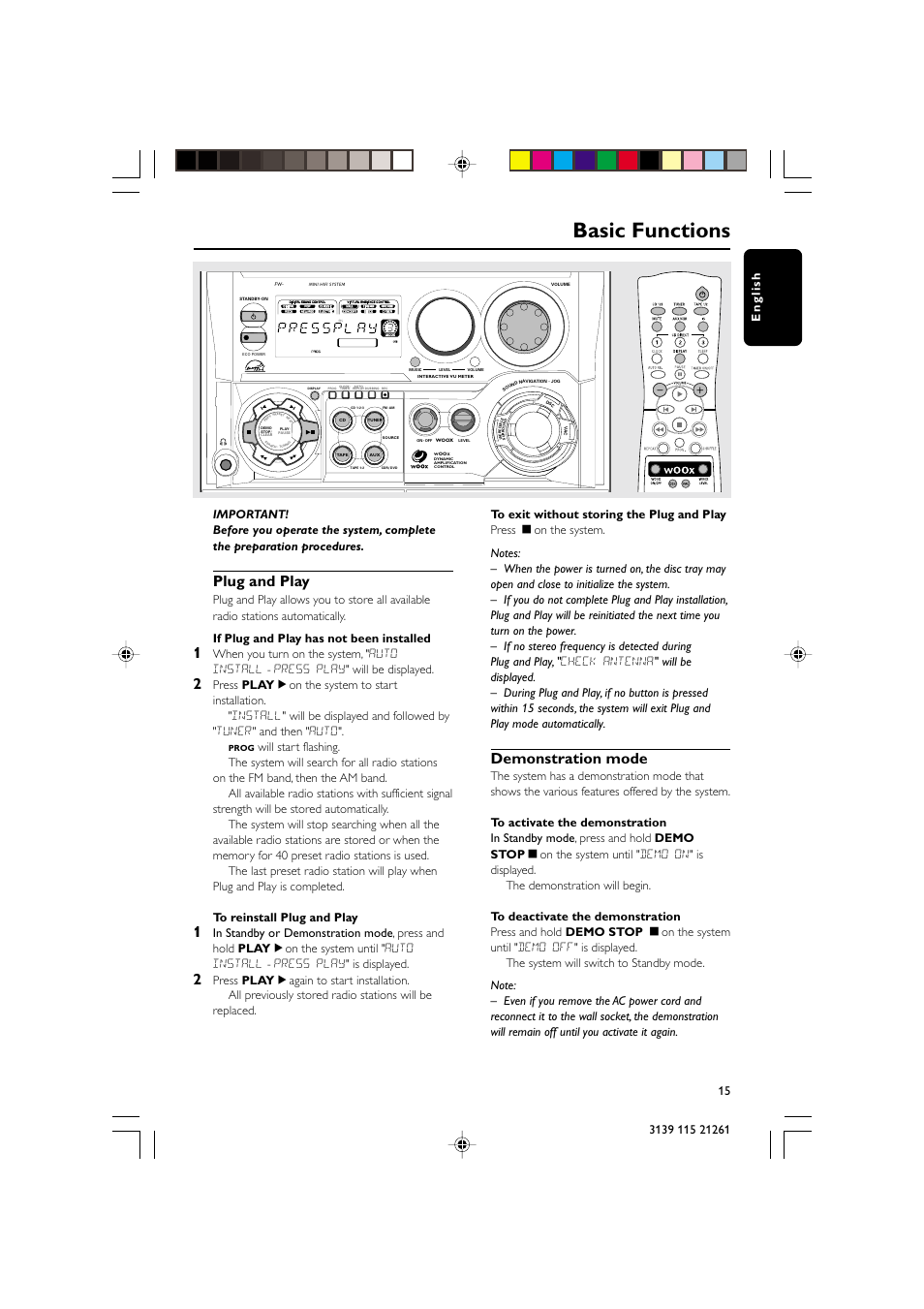 Basic functions, Plug and play, Demonstration mode | Philips FW C798 User Manual | Page 15 / 32