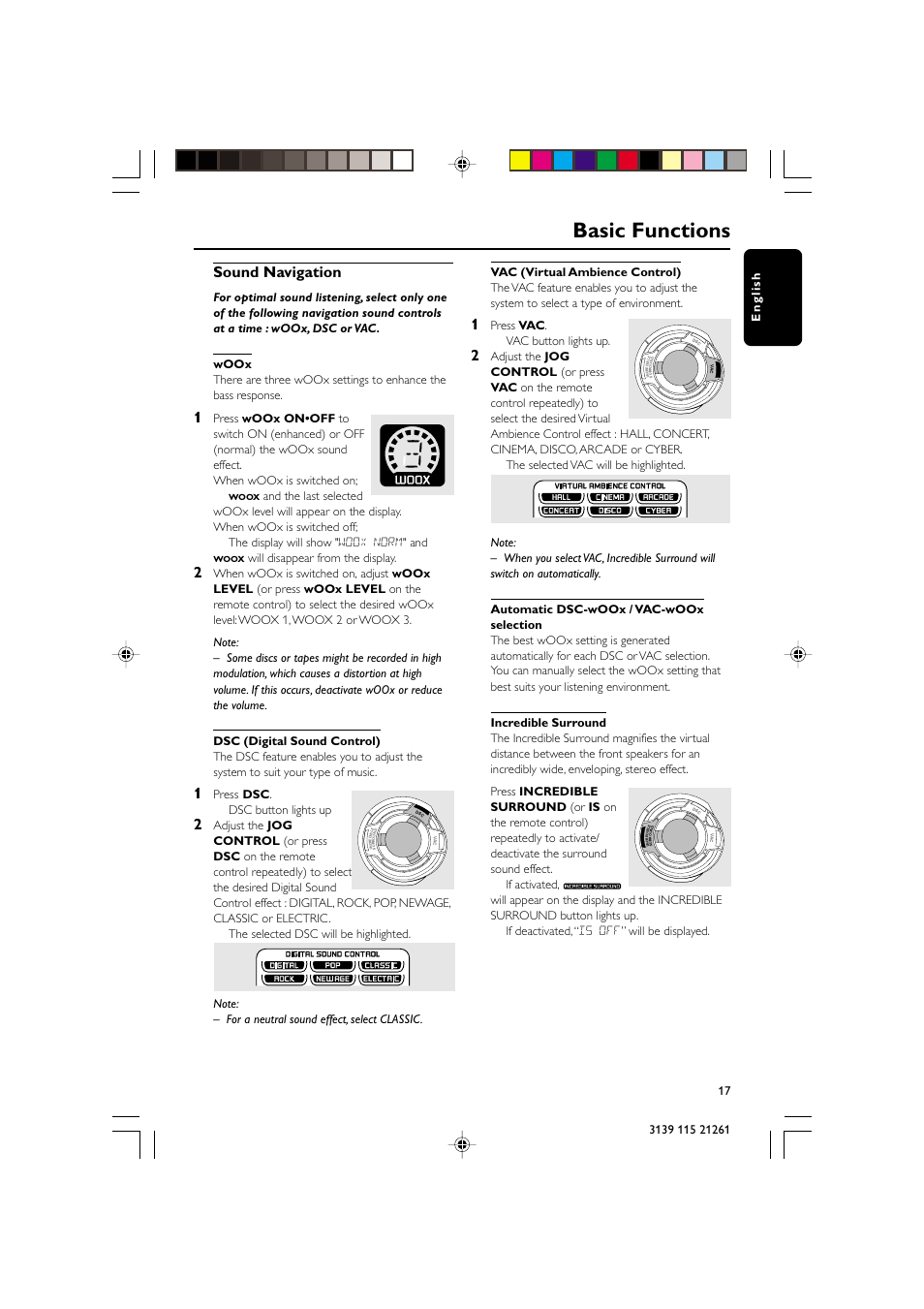 Basic functions, Sound navigation, Will disappear from the display | Press dsc . ➜ dsc button lights up, Press vac . ➜ vac button lights up | Philips FW C798 User Manual | Page 17 / 32