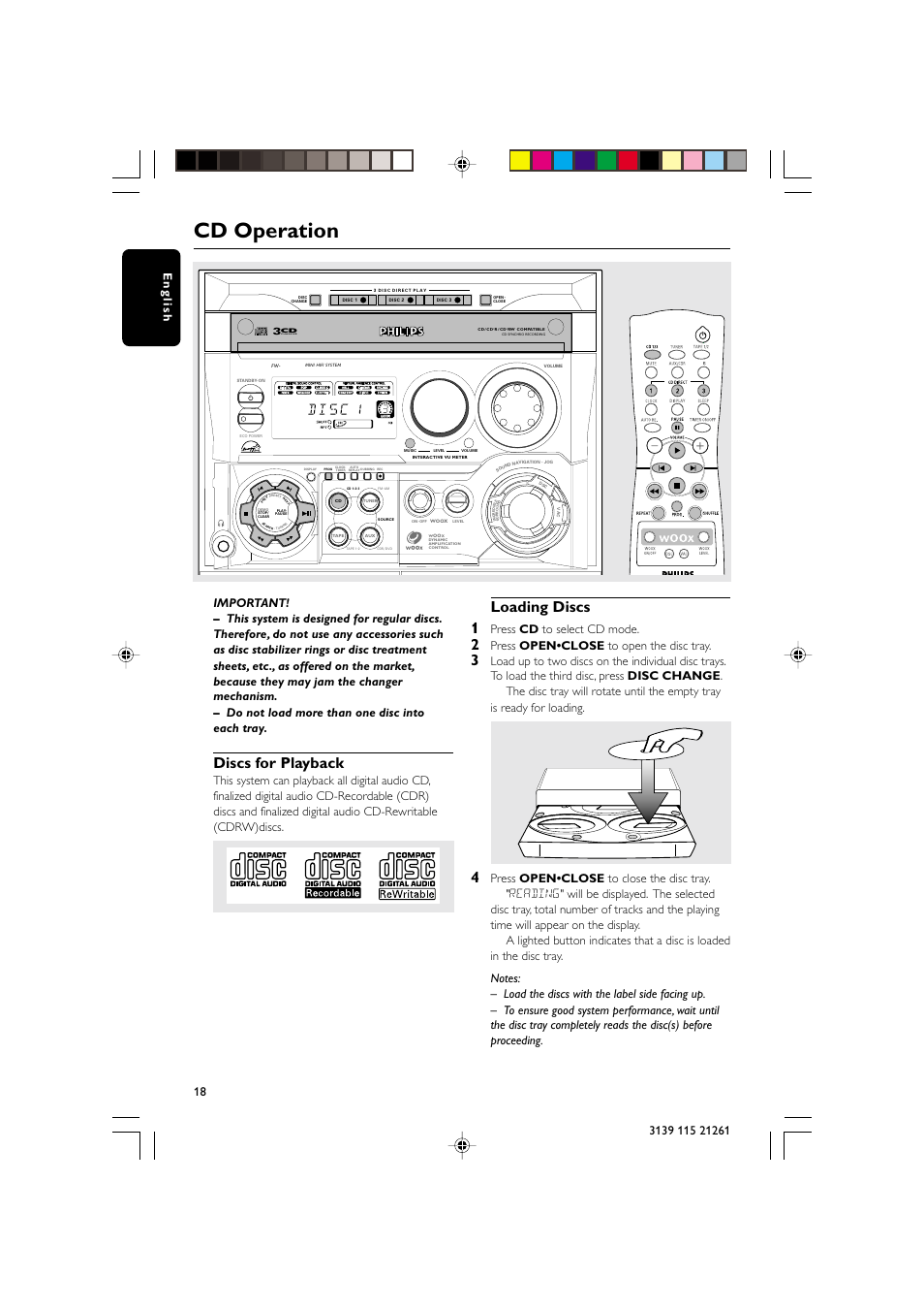 Cd operation, Discs for playback, Loading discs 1 | Open•close, Press cd to select cd mode, Press open•close to open the disc tray | Philips FW C798 User Manual | Page 18 / 32