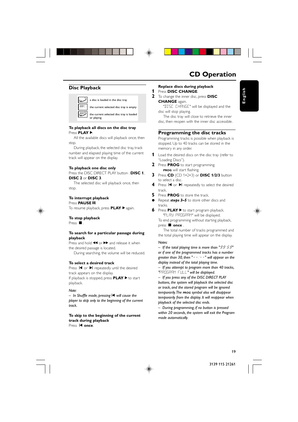 Cd operation, Disc playback, Programming the disc tracks | Philips FW C798 User Manual | Page 19 / 32