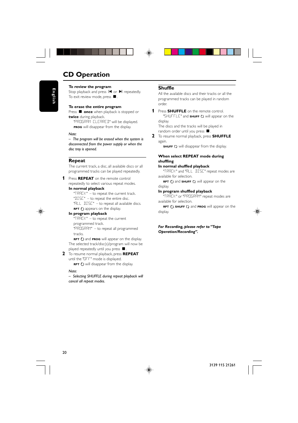 Cd operation, Repeat, Shuffle | Philips FW C798 User Manual | Page 20 / 32