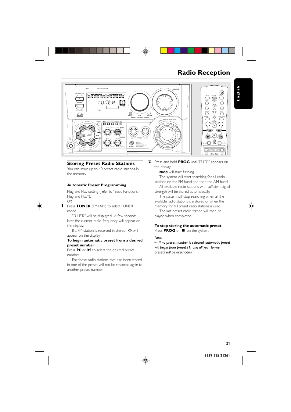 Radio reception, Storing preset radio stations | Philips FW C798 User Manual | Page 21 / 32