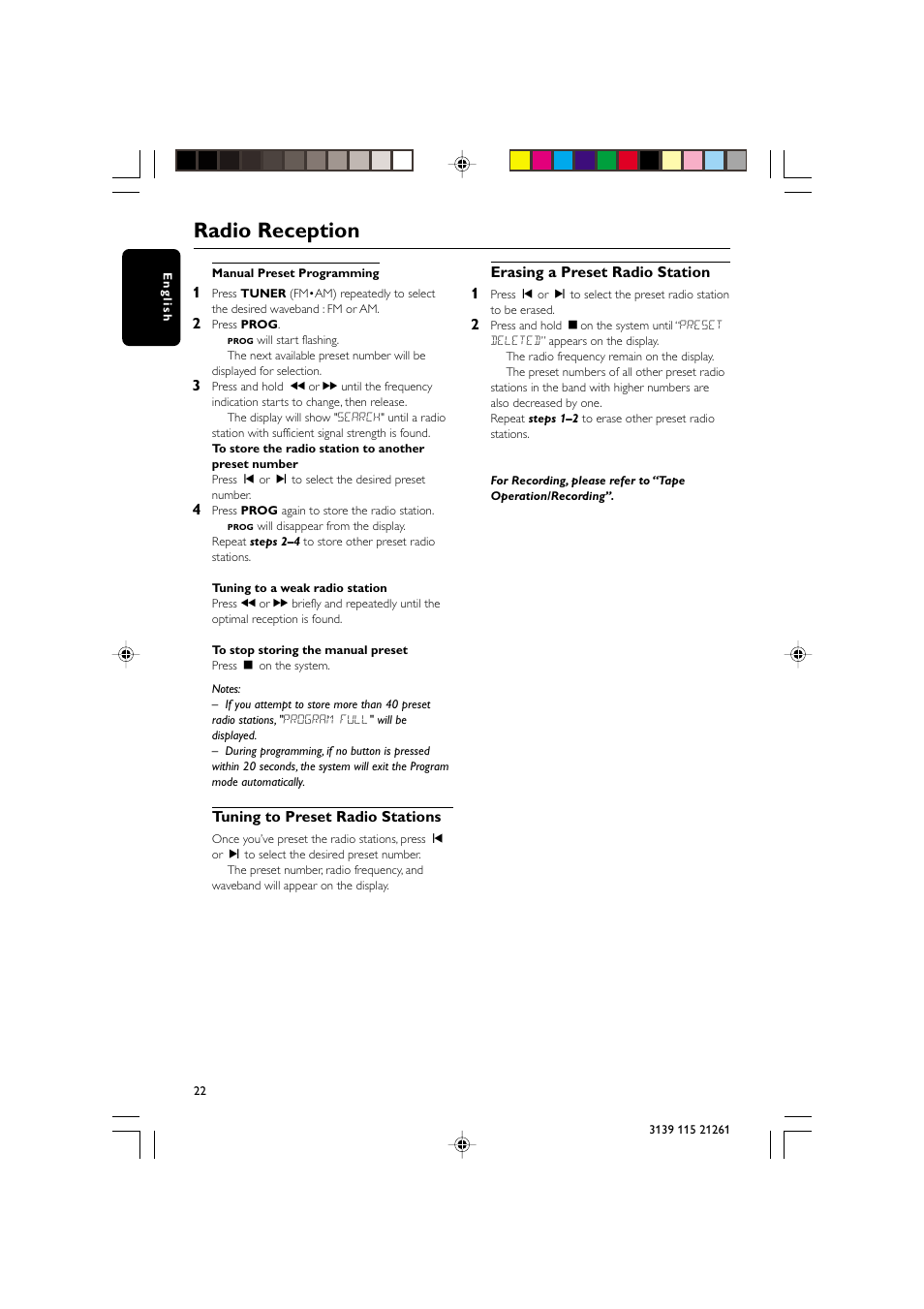 Radio reception, Tuning to preset radio stations, Erasing a preset radio station 1 | Philips FW C798 User Manual | Page 22 / 32