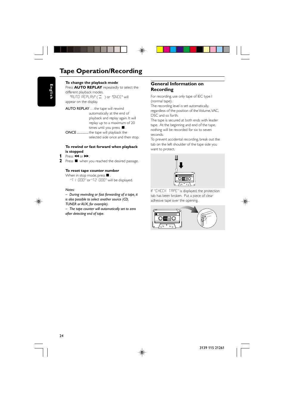Tape operation/recording, General information on recording | Philips FW C798 User Manual | Page 24 / 32