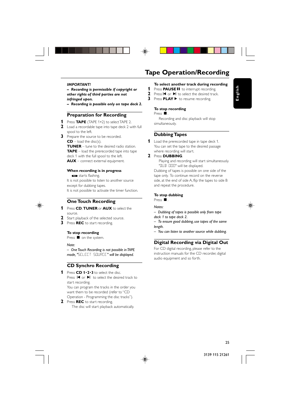 Tape operation/recording | Philips FW C798 User Manual | Page 25 / 32