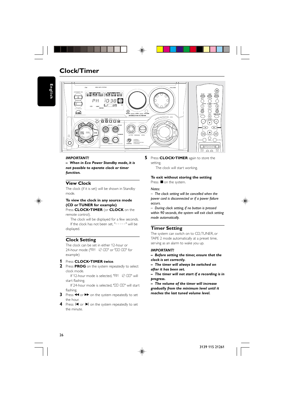 Clock/timer, View clock, Clock setting | Timer setting, Press clock•timer twice | Philips FW C798 User Manual | Page 26 / 32