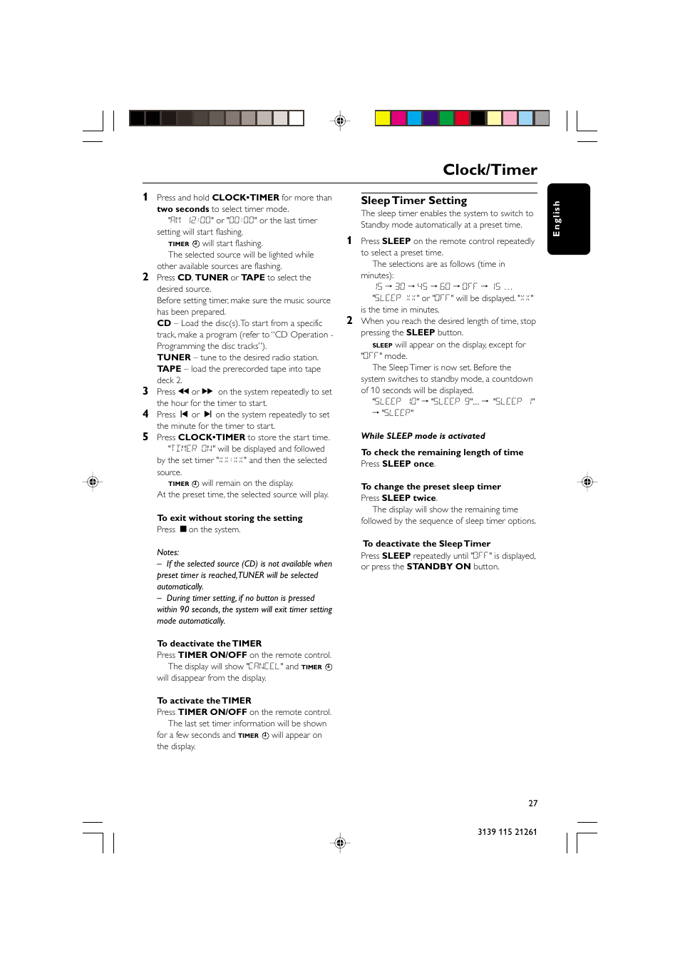 Clock/timer, Sleep timer setting | Philips FW C798 User Manual | Page 27 / 32