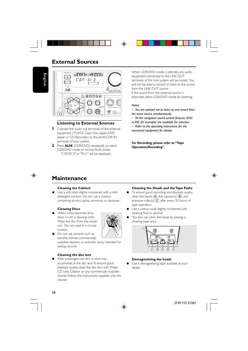 External sources, Maintenance, Listening to external sources 1 | The capstan(s), And pressure roller(s) | Philips FW C798 User Manual | Page 28 / 32