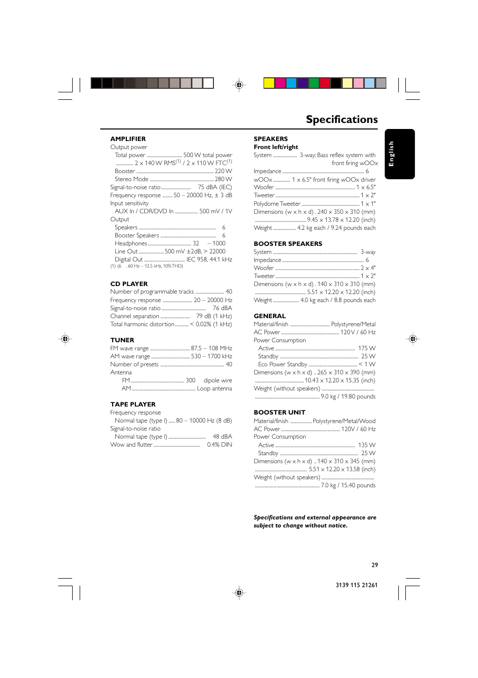 Specifications | Philips FW C798 User Manual | Page 29 / 32