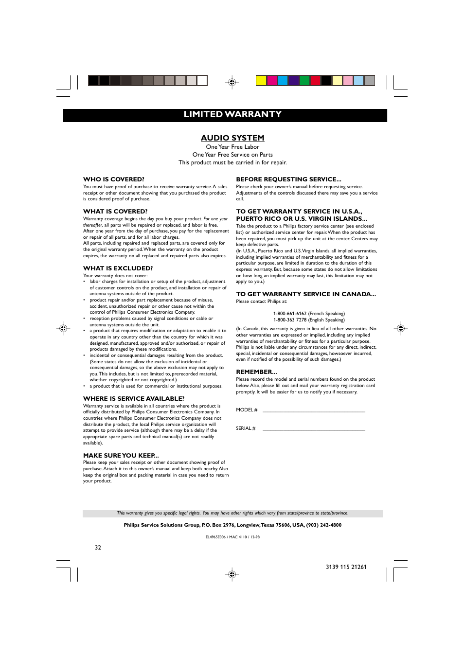 Limited warranty, Audio system | Philips FW C798 User Manual | Page 32 / 32