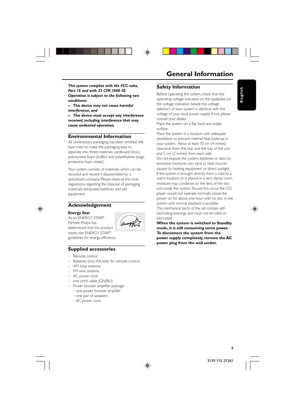 General information, Environmental information, Acknowledgement | Supplied accessories, Safety information | Philips FW C798 User Manual | Page 9 / 32