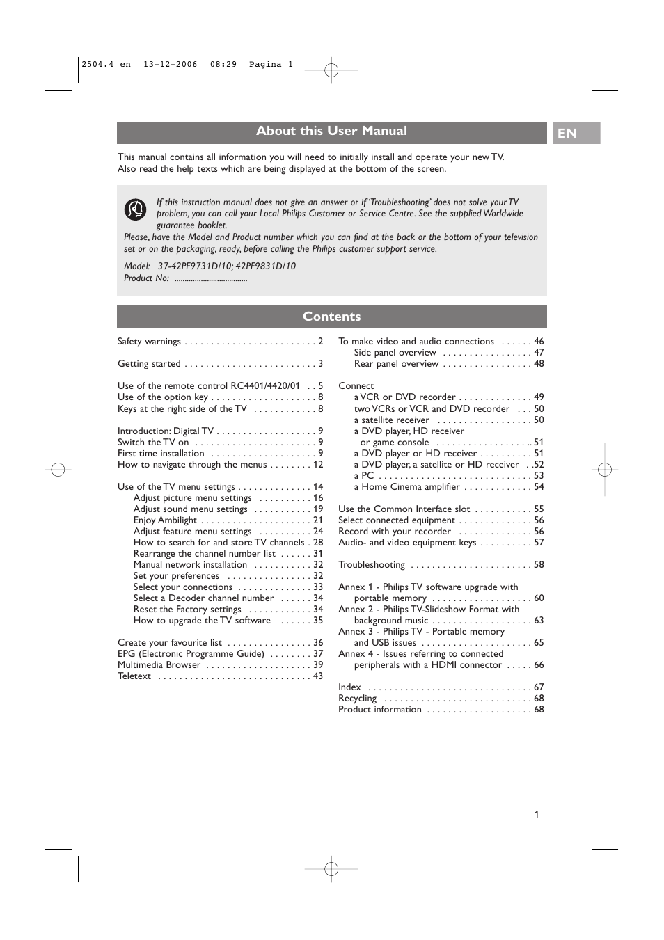 Philips 37-42PF9831D/10 User Manual | 74 pages