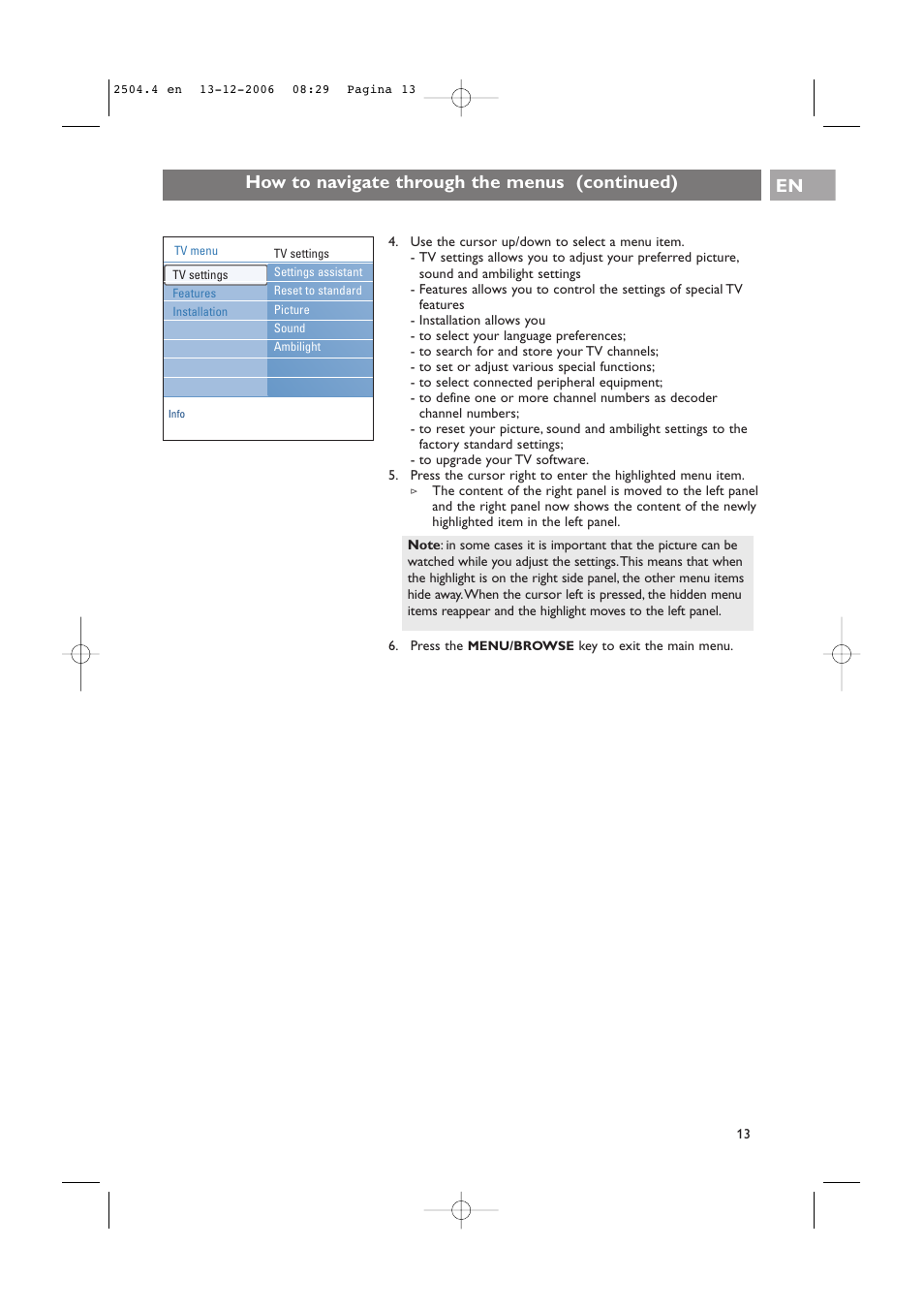 How to navigate through the menus (continued) en | Philips 37-42PF9831D/10 User Manual | Page 13 / 74