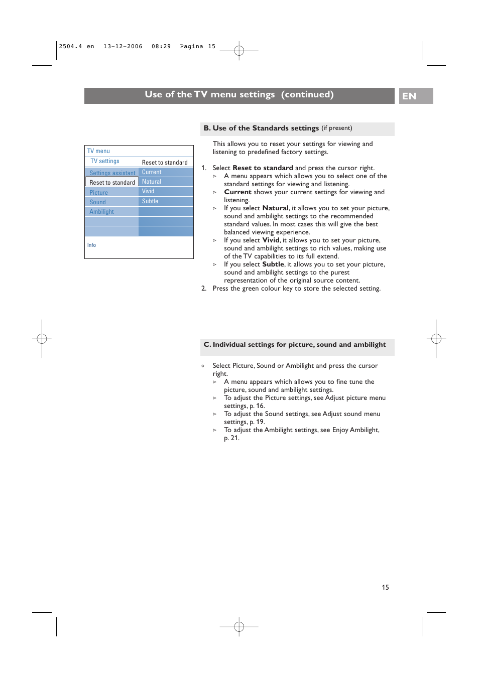 Use of the tv menu settings (continued) en | Philips 37-42PF9831D/10 User Manual | Page 15 / 74