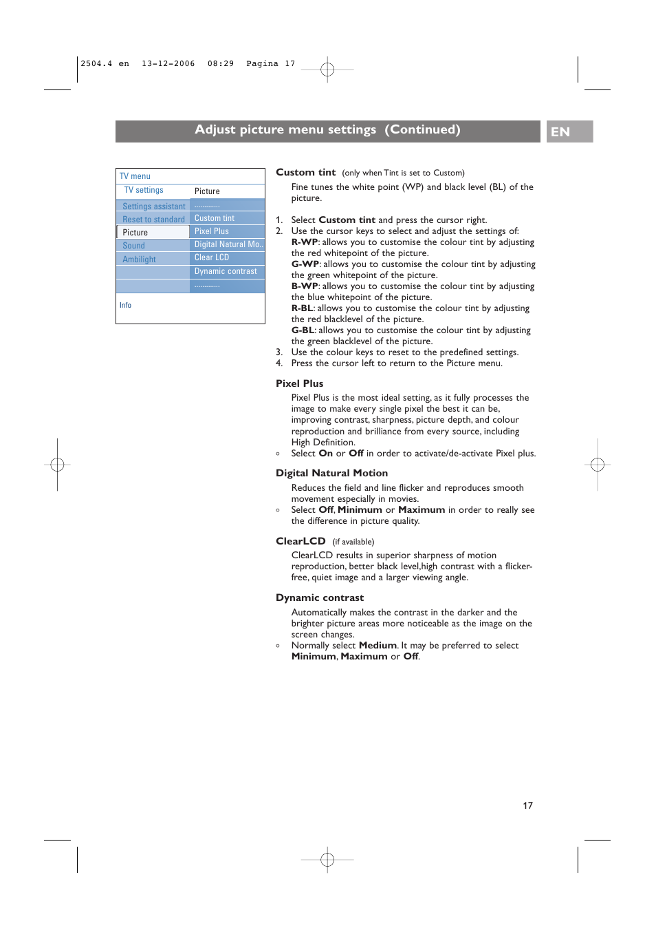 Adjust picture menu settings (continued) en | Philips 37-42PF9831D/10 User Manual | Page 17 / 74