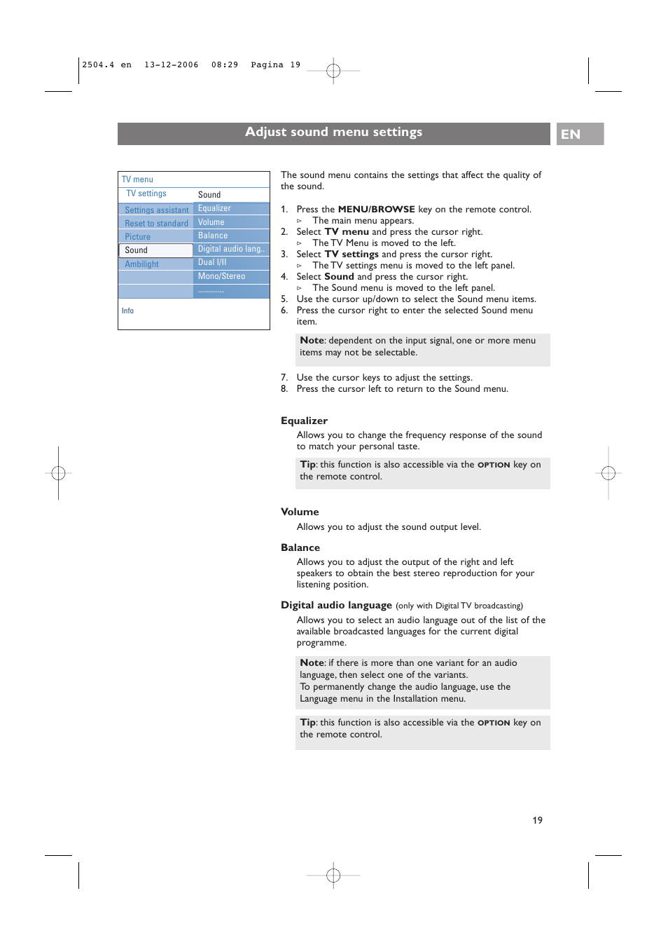Adjust sound menu settings en | Philips 37-42PF9831D/10 User Manual | Page 19 / 74