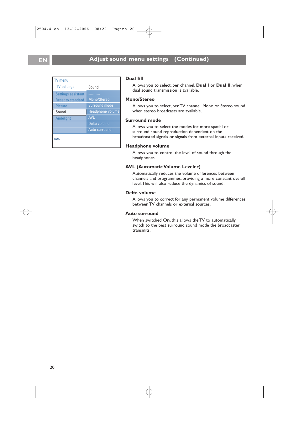 Adjust sound menu settings (continued) en | Philips 37-42PF9831D/10 User Manual | Page 20 / 74