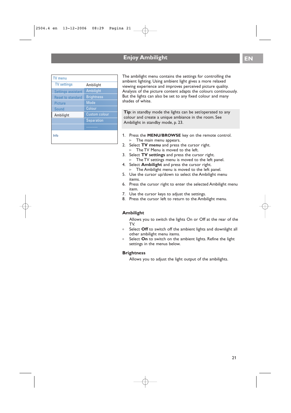 Enjoy ambilight en | Philips 37-42PF9831D/10 User Manual | Page 21 / 74