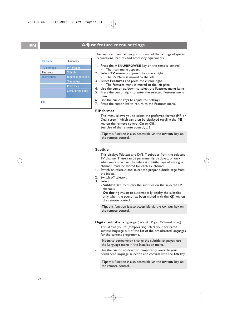 Adjust feature menu settings en | Philips 37-42PF9831D/10 User Manual | Page 24 / 74