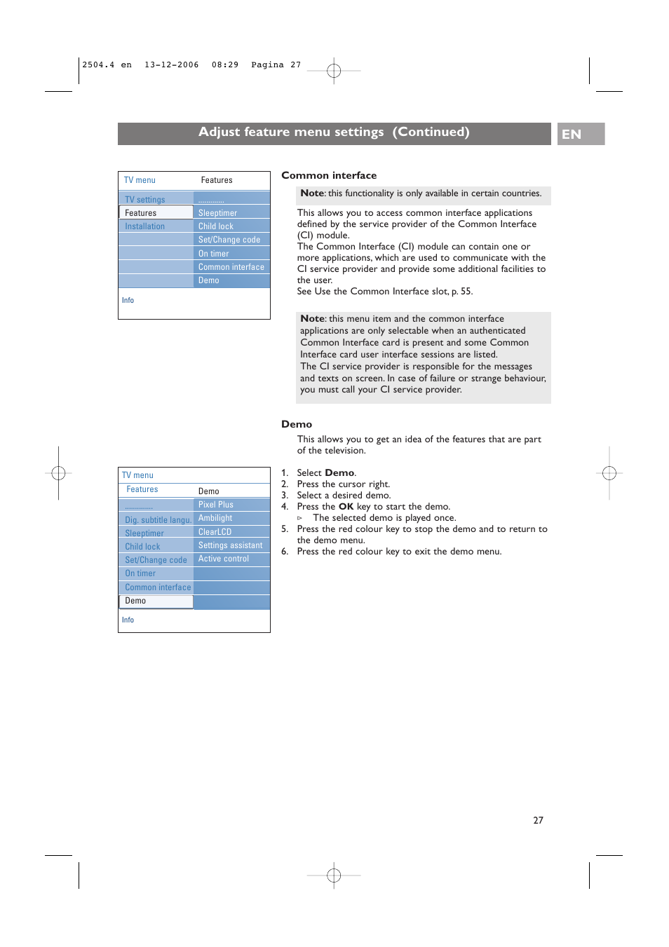 Adjust feature menu settings (continued) en | Philips 37-42PF9831D/10 User Manual | Page 27 / 74