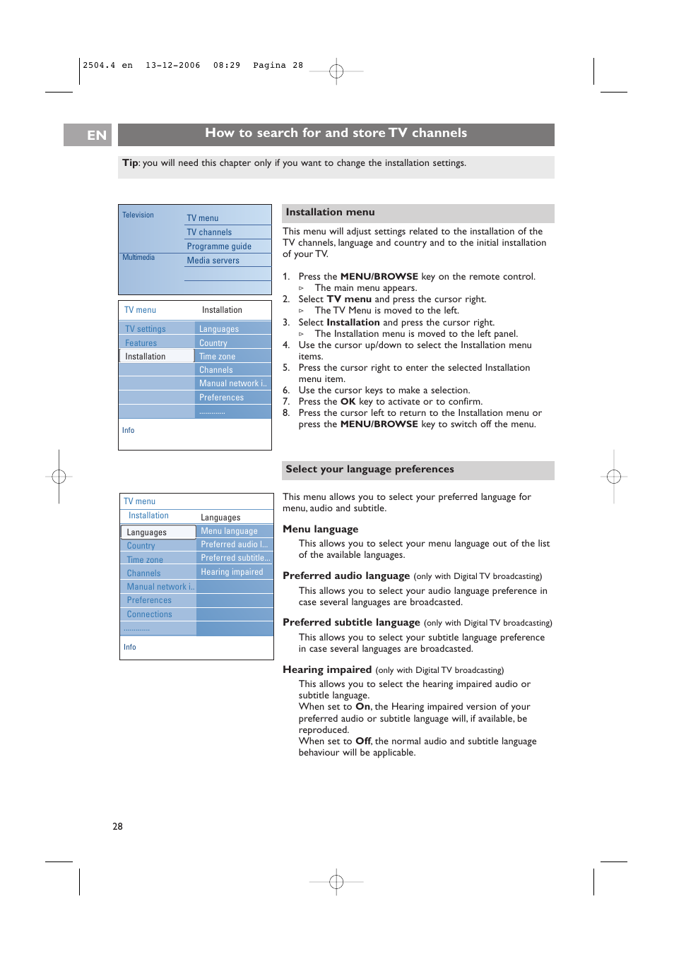 How to search for and store tv channels en | Philips 37-42PF9831D/10 User Manual | Page 28 / 74