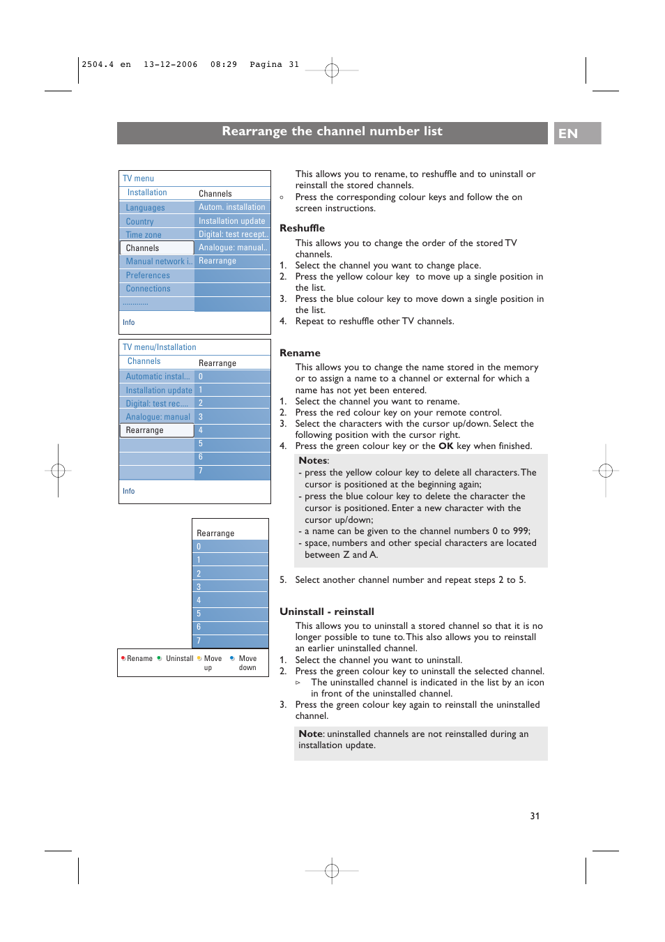 Rearrange the channel number list en | Philips 37-42PF9831D/10 User Manual | Page 31 / 74