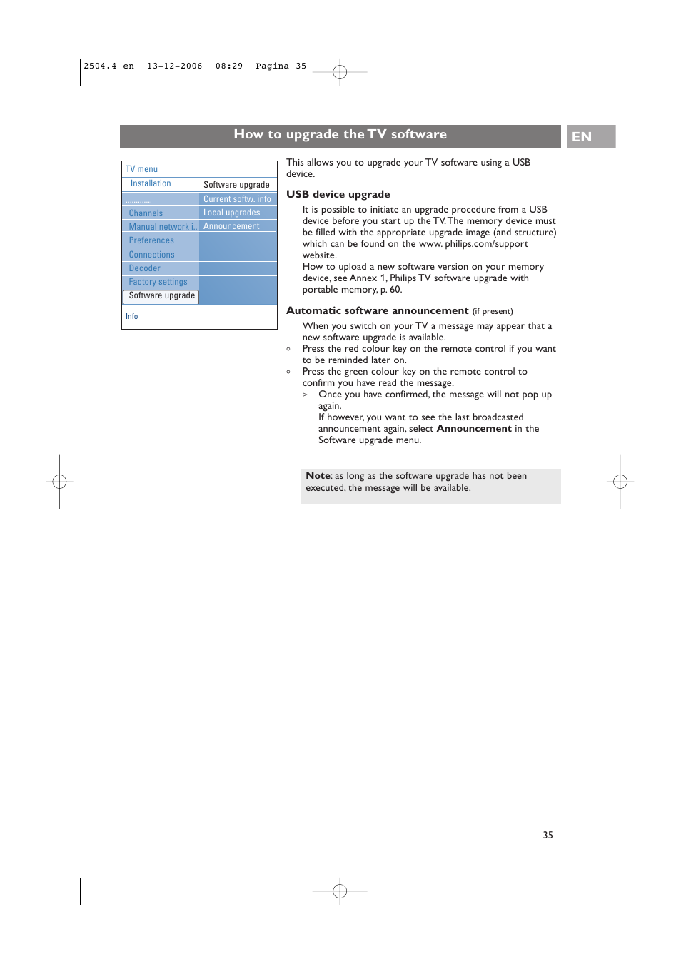 How to upgrade the tv software en | Philips 37-42PF9831D/10 User Manual | Page 35 / 74