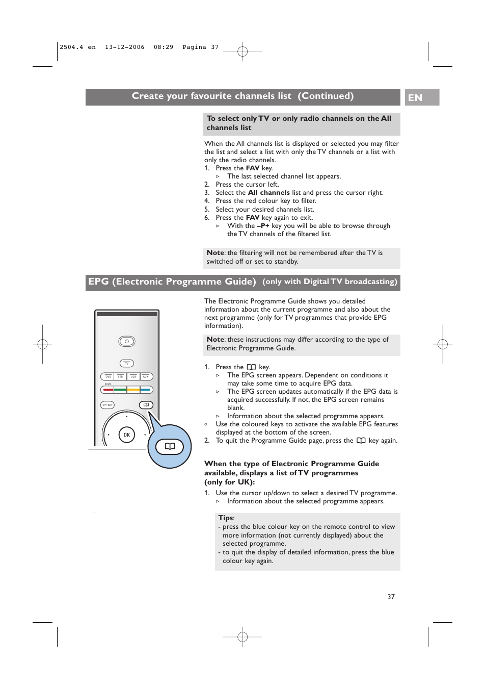 Epg (electronic programme guide), Create your favourite channels list (continued) en | Philips 37-42PF9831D/10 User Manual | Page 37 / 74