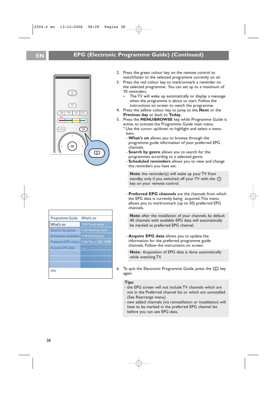 Epg (electronic programme guide) (continued) en | Philips 37-42PF9831D/10 User Manual | Page 38 / 74