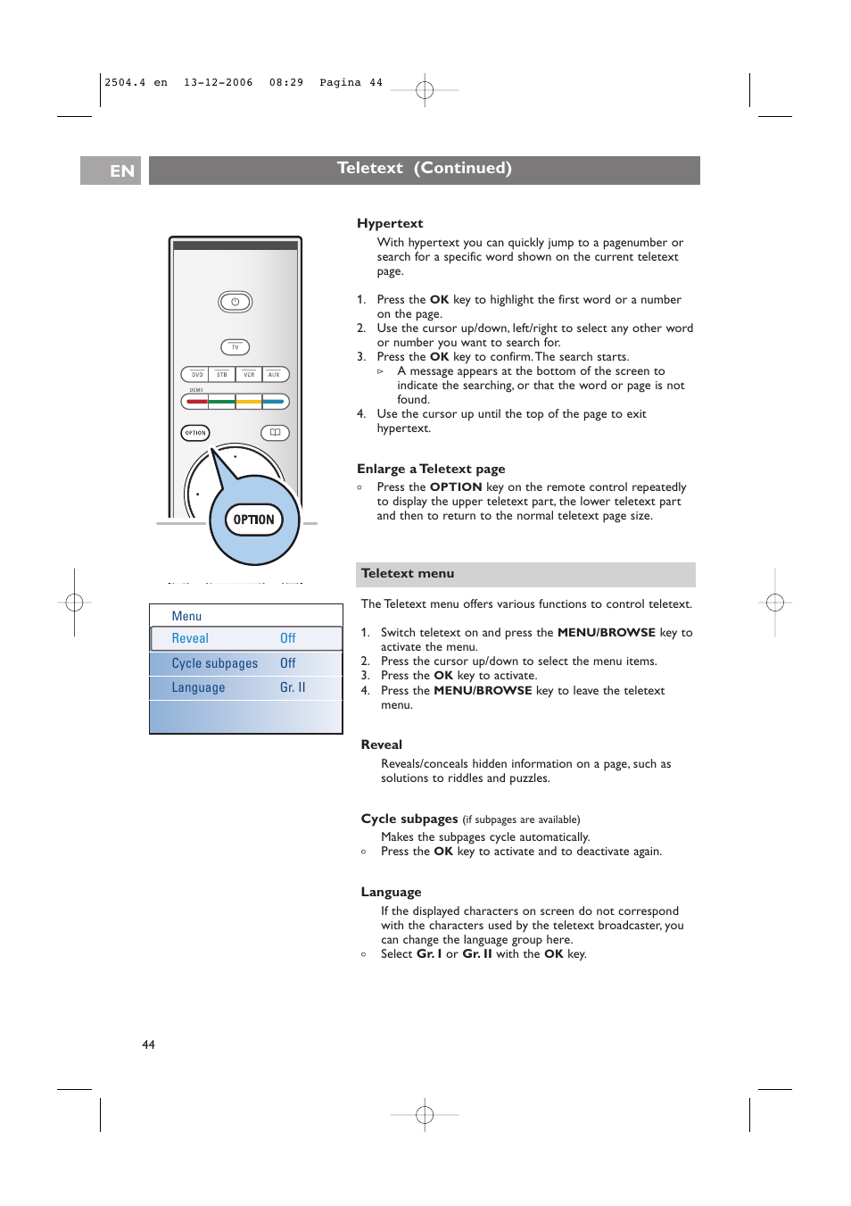 Teletext (continued) en | Philips 37-42PF9831D/10 User Manual | Page 44 / 74