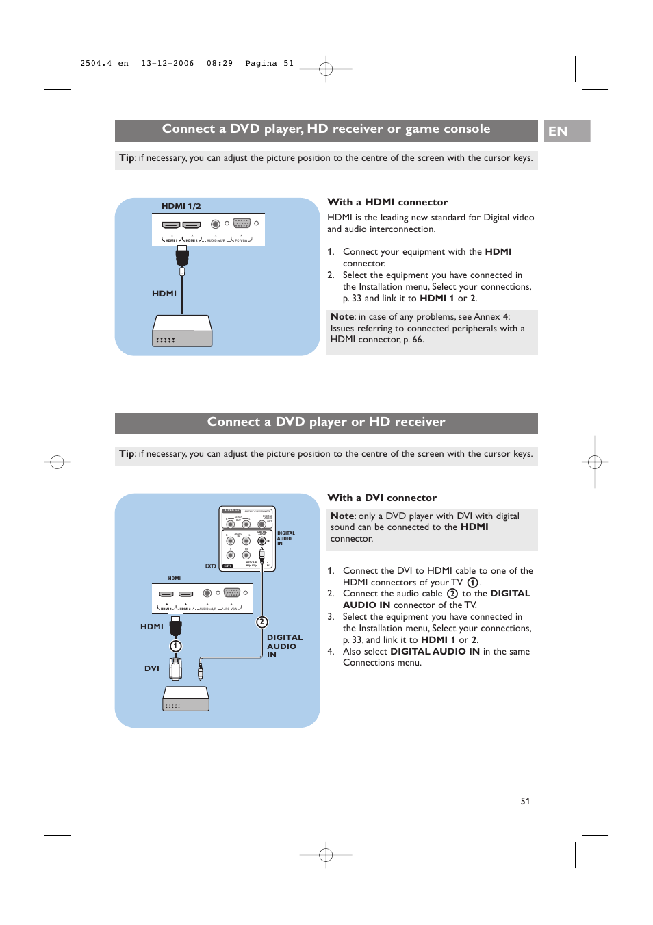 With a dvi connector, With a hdmi connector, Also select | Digital audio in, Hdmi 1, Hdmi, Hdmi 1/2 | Philips 37-42PF9831D/10 User Manual | Page 51 / 74